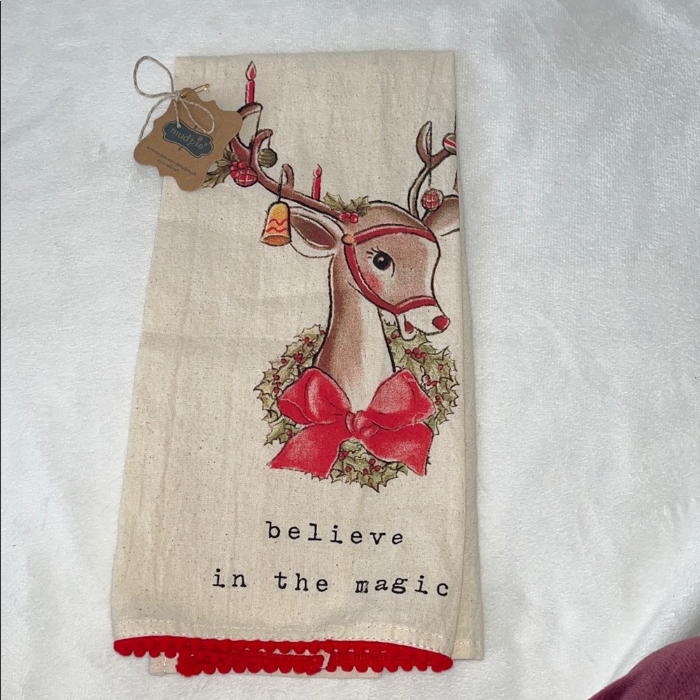 Mud Pie Festive Reindeer Towel - Cream and Red